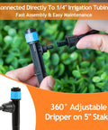 Hand holding 50 Pack 1/4 Inch Drip Emitters With 5 Inch Stakes Adjustable 360 Degree Water Flow Vortex Sprayer Drippers
