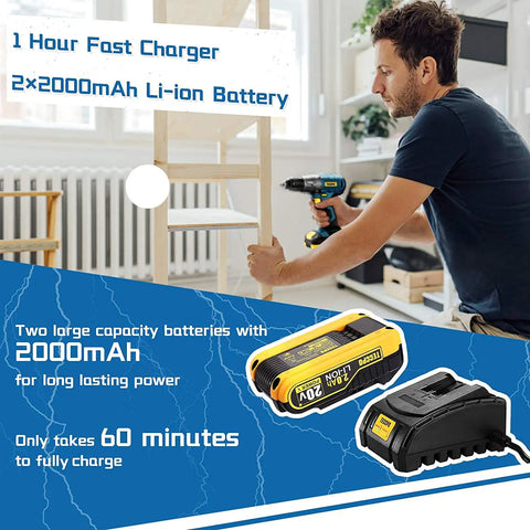 Man using Brushless Cordless Drill Kit With 20V LiIon Power Two 2Ah Batteries 530 InLbs Torque Half Inch Keyless Chuck