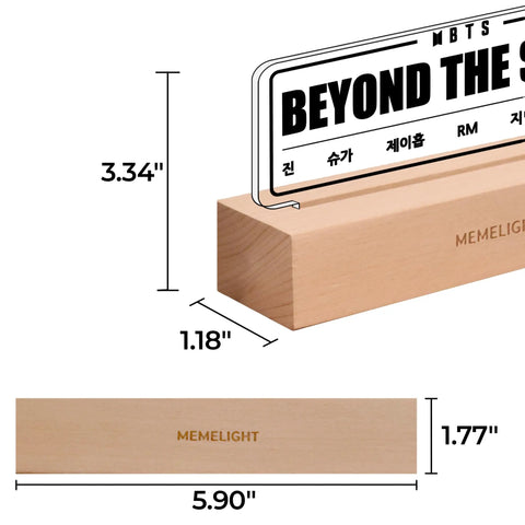 Wooden base of BTS Night Light For ARMY Fans, Beyond The Scene LED Lamp with custom engraved acrylic, dimensions labeled.