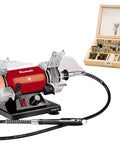 Shop Ready Double Wheel Bench Grinder With Adjustable Spark Arresters And Heavy Duty Tool Rests Featuring Full Safety Shrouds Plus Four Rugged Grip Rubber Mounts For Serious Grinding And Polishing Jobs, showing a red grinder and accessory set.
