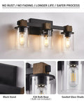 Rustic Farmhouse Vanity Lights With Hand Polished Wood And Black Metal Clear Glass Shade 3 Light Wall Sconce For Bathroom Over Mirror