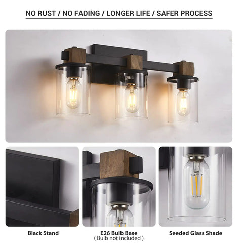Rustic Farmhouse Vanity Lights With Hand Polished Wood And Black Metal Clear Glass Shade 3 Light Wall Sconce For Bathroom Over Mirror
