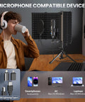 USB Condenser Microphone Kit With Isolation Shield Pop Filter And Tri Stand For Laptop PC Mac And Phone Recording Vocals Podcasts Singing In Home Studio shown on desk