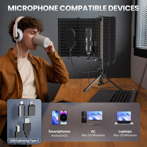 USB Condenser Microphone Kit With Isolation Shield Pop Filter And Tri Stand For Laptop PC Mac And Phone Recording Vocals Podcasts Singing In Home Studio shown on desk