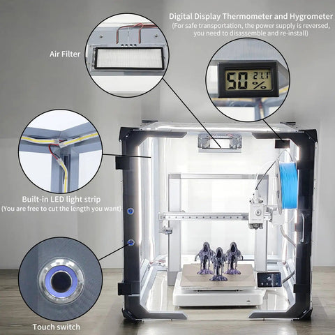 DIY 3D Printer Enclosure Kit For A1 Unassembled Sealing Design with air filter, built-in LED light, and touch switch details