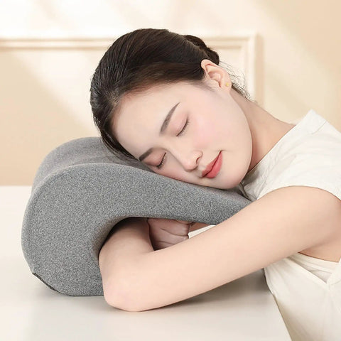 Woman resting on Headrest Cushion Attachment for Desk Chair Memory Foam Ergonomic Neck Pillow for Napping and Sleep Office Comfort