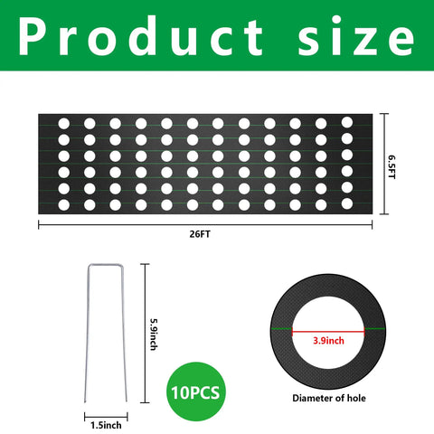 Tough As Nails Heavy Duty Garden Weed Barrier Fabric With Planting Holes 26 By 6.5 Feet with 10 ground nails and hole size details