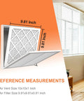 Diagram showing Six Pack 10x10x1 Air Filter Pleated MERV 8 dimensions and installation in home, actual size 9.81x9.81x0.81 inches.