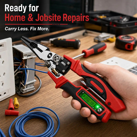 All In One Electrician Pliers With Digital Display And Voltage Tester, Wire Stripper Cutter Crimper Screwdriver, Multi Function Electrical Tool For Home Auto And Workshop Use Green in use at a wiring outlet