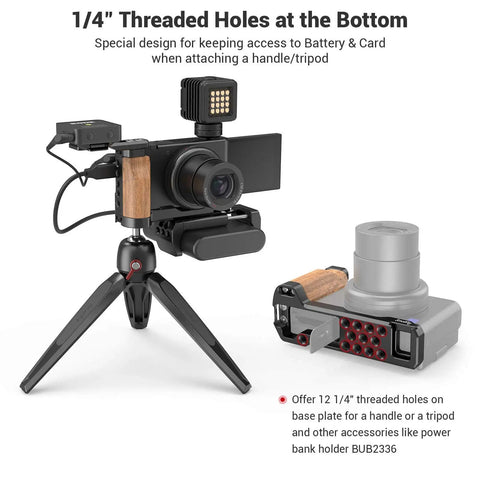 L-Shape Bracket Wooden Grip With Cold Shoe For Sony ZV1 Digital Camera mounted with accessories on tripod, showcasing grip and connections
