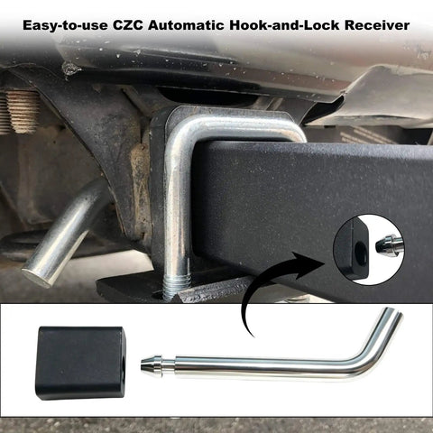 Close-up of Five Eighths Inch Bent Heavy Duty Trailer Hitch Lock Pin in Class III IV receiver with anti-theft padlock, rubber cap