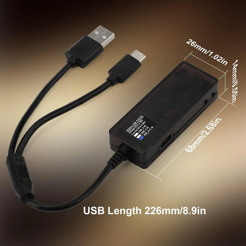 USB Power Meter Tester with Color LED Display Dual USB Ports USB A and USB C 2.0 PD QC 3.0 Fast Charging, cables and dimensions shown
