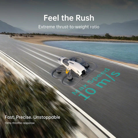 Protos FPV Drone RTF Kit With Built In Walksnail 6G VTX 1080p60 HD Digital Video Transmission flying on road highlighting speed.
