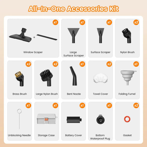 18 Piece Top Shelf Steam Cleaner Accessory Kit Straight Up Solid Build featuring various tools like scrapers and brushes.