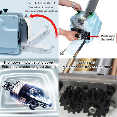 Electric Dumpling Skin Maker With 140W Motor Automatic Wonton Wrapper Machine showing parts and operation for easy dough press.