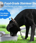 Hassle Free One Gallon Automatic Dog Water Dispenser Stainless Steel Self Filling Bowl with dog drinking water outdoors.