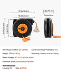 Beefy 50 Ft Retractable Extension Cord Reel With 14 AWG SJTOW Cord Lighted Triple Tap Outlet 13 Amp Circuit Breaker 180 Degree Swivel Bracket For Ceiling Or Wall Mount, shown with dimensions and specifications.