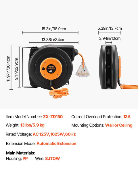 Beefy 50 Ft Retractable Extension Cord Reel With 14 AWG SJTOW Cord Lighted Triple Tap Outlet 13 Amp Circuit Breaker 180 Degree Swivel Bracket For Ceiling Or Wall Mount, shown with dimensions and specifications.