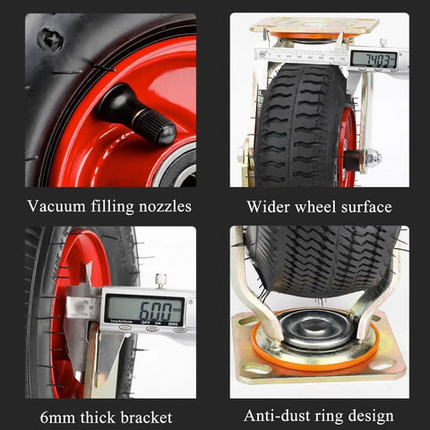 Heavy Duty Trolley Casters With 8 Or 10 Inch Swivel Rubber Wheels showing vacuum nozzles, wider surface, 6mm bracket, and anti-dust ring.