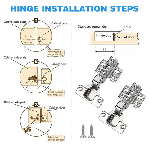 Installation steps for 4 Pack Half Overlay Frameless Soft Close Cabinet Hinges 35mm Steel Hydraulic Concealed Hinges