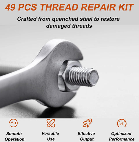 Close-up of a steel bolt with threaded end and a curved repair tool from Marvelity 49-piece thread chaser kit