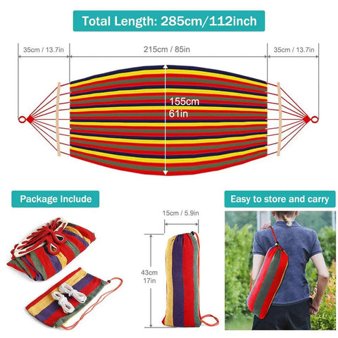 Heavy Duty Canvas Camping Hammock With Thick 320G Fabric, 550Lb Load, dimensions and carry bag details shown
