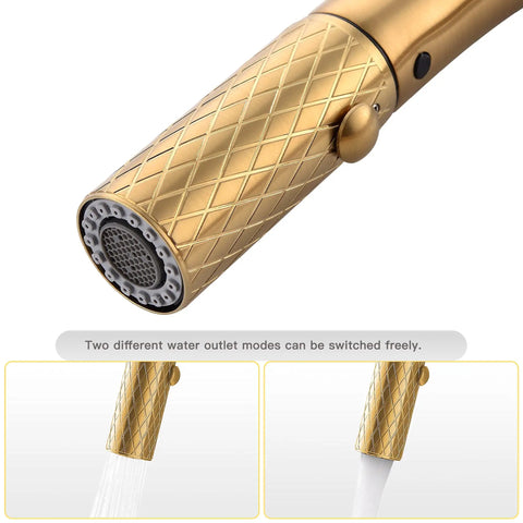 Close-up of Gold High Arc Kitchen Faucet With Pull Down Sprayer showing dual function stream and spray modes, modern durable finish.
