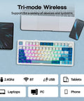 Top Shelf 75 Percent Wireless Gaming Keyboard Built Different With Massive 10000 Mah Battery showcasing tri-mode connection options with various devices.