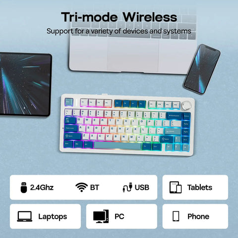 Top Shelf 75 Percent Wireless Gaming Keyboard Built Different With Massive 10000 Mah Battery showcasing tri-mode connection options with various devices.