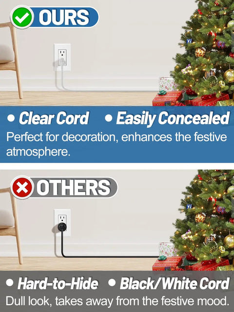 Comparison: clear cord blends with decor, black cord stands out; Clear 3 Prong Extension Cord, 10 Ft Indoor Power Cable, 3 x 18 AWG, UL Certified.