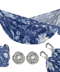 Floral Navy Blue and White Camping Hammock 114 By 54.3 Inches, Portable Outdoor Hammock for Travel and Backpacking, 300 Pound Weight Capacity, Includes 2 Tree Straps and Carry Bag