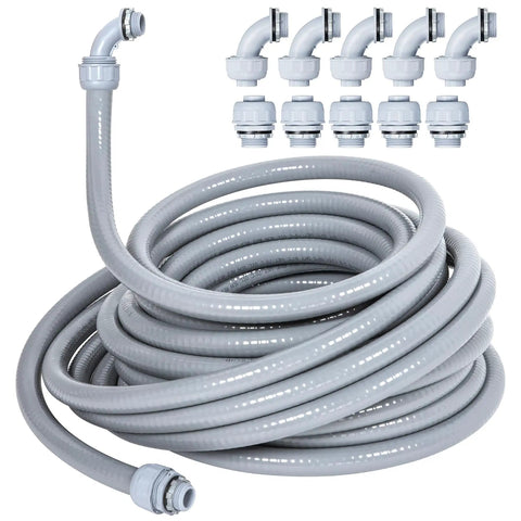 Coiled Three Quarter Inch Twenty Five Feet Liquid Tight Conduit Kit With Five Straight And Five Angle Fittings, Flexible for Outdoor