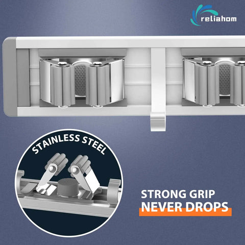 Wall Mount Broom Holder Storage Rack Kit 2 Pack With 5 Racks And 4 Hooks Silver Mop Organizer close-up of strong stainless steel grip