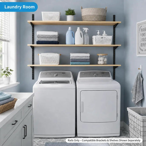 Laundry room with shelves supported by Ten Pack 5 Inch Adjustable Wire Shelf Brackets For Beefy Heavy Duty Closet And Wall Shelving System