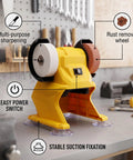 Go Anywhere Cordless Mini Bench Grinder Powerhouse With Dual 70mm Coarse And Fine Grinding Wheels 5500 Rpm Copper Motor, features multi-purpose sharpening and rust removal wheel.