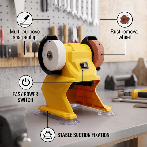 Go Anywhere Cordless Mini Bench Grinder Powerhouse With Dual 70mm Coarse And Fine Grinding Wheels 5500 Rpm Copper Motor, features multi-purpose sharpening and rust removal wheel.