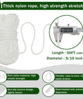 Close-up of 50 ft thick nylon rope with caliper measuring diameter for Garden Flag Pole Pulley And Rope Kit For 2 to 2.6 Inch Poles.