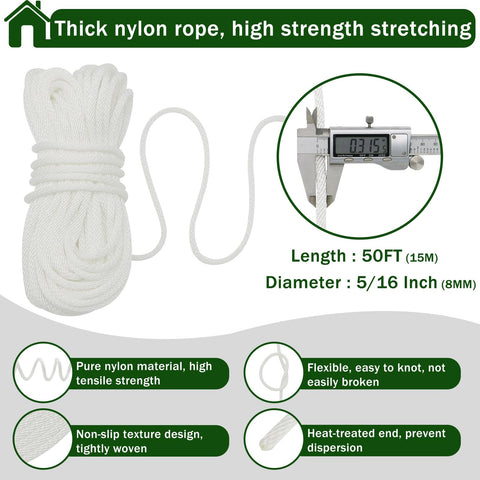 Close-up of 50 ft thick nylon rope with caliper measuring diameter for Garden Flag Pole Pulley And Rope Kit For 2 to 2.6 Inch Poles.