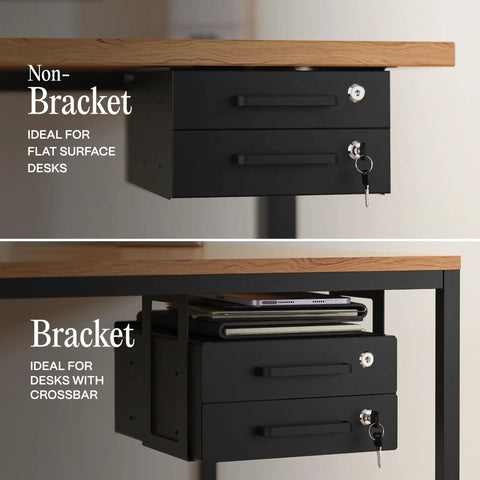 Under Desk Sliding Drawers With Smooth Rollout Action And Lockable Hardware Matte Black Steel Storage Organizer shown with brackets for crossbar desks.