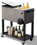 80 Quart Rolling Patio Cooler With Bottle Opener And Cap Catcher, Portable Ice Chest On Wheels For Backyard Parties, Holds Bottles