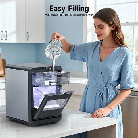 Professional Heavy Duty Countertop Nugget Ice Maker cranks out soft chewable pebble ice fast with easy filling.
