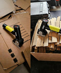 SeeSE Electric Box Cutter Cordless Rechargeable Scissors over piles of cardboard, ergonomic design for easy cutting.