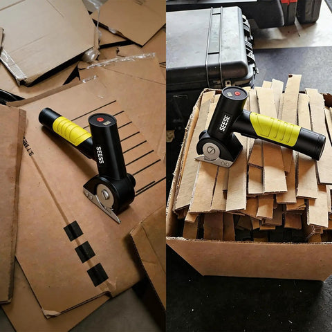 SeeSE Electric Box Cutter Cordless Rechargeable Scissors over piles of cardboard, ergonomic design for easy cutting.