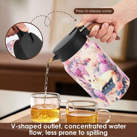 Floral Pattern Teapot With Wood Handle, Insulated Stainless Steel Thermal Teapot With Infuser, V Shape Mouth Pouring Tea