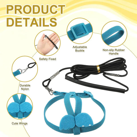 Parrot Bird Harness And Leash, Adjustable Lightweight Flight Training Rope With Wing Vest, Easy On Off Parakeet Pigeon Budgie Outdoor Walking, Comfortable Blue M