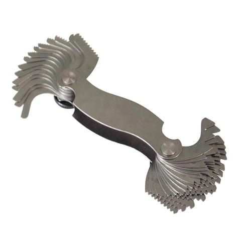 Screw pitch gauge with 30 leaves in stainless steel, dual-ended English thread gauge.