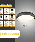 Dimmable LED Ceiling Light Flush Mount 18W 3000K Warm White 10-Inch Round Black Fixture with product features and dimensions.