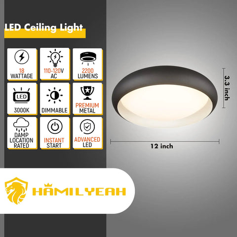 Dimmable LED Ceiling Light Flush Mount 18W 3000K Warm White 10-Inch Round Black Fixture with product features and dimensions.