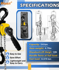 Quarter Ton Chain Hoist With 550 Lbs Capacity And 10 Ft Lift Manual Lever Come Along Hoist With Alloy Steel G80 Chain, shown with dual hooks