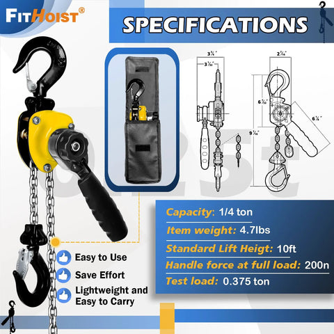 Quarter Ton Chain Hoist With 550 Lbs Capacity And 10 Ft Lift Manual Lever Come Along Hoist With Alloy Steel G80 Chain, shown with dual hooks